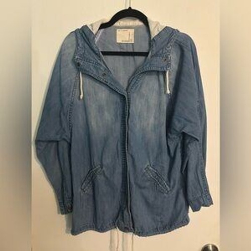 Life in Progress Womens Denim Jacket Hooded Small Waist drawstring